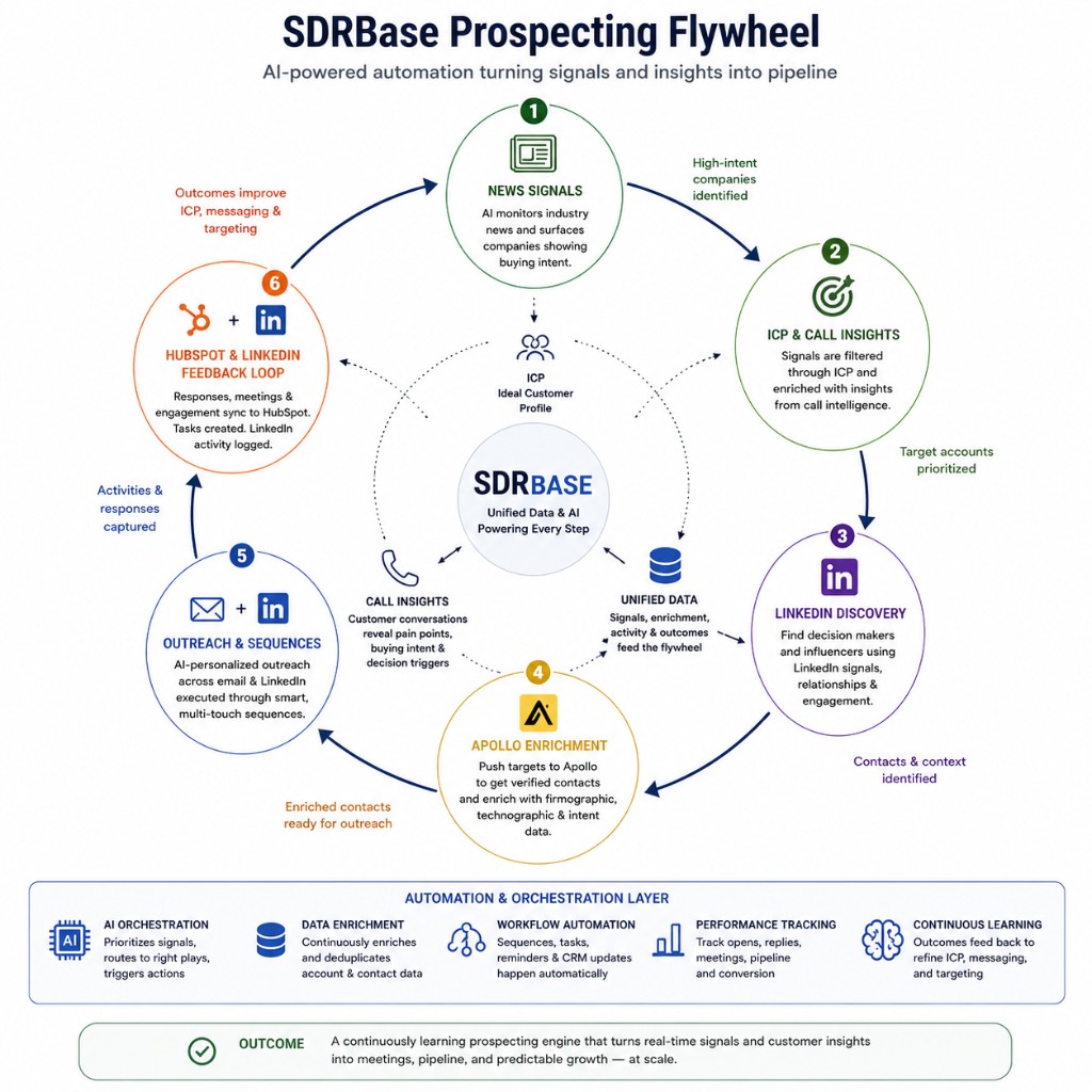 SDRBase prospecting flywheel showing signal-to-pipeline automation